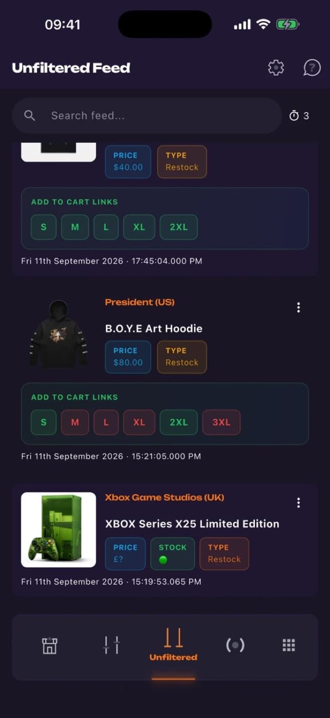 MerchVault app feed of limited merch restock alerts